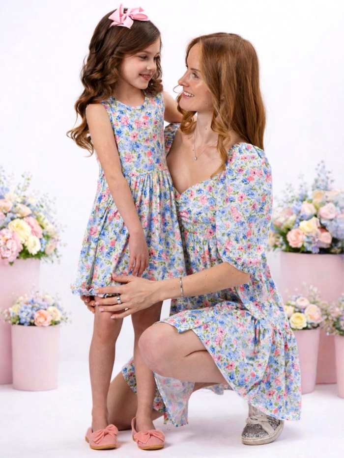 Mommy and me floral dresses with pink blue and green print for family photos