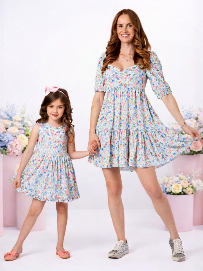Girl and woman matching floral dresses with flowy skirt and puff sleeves