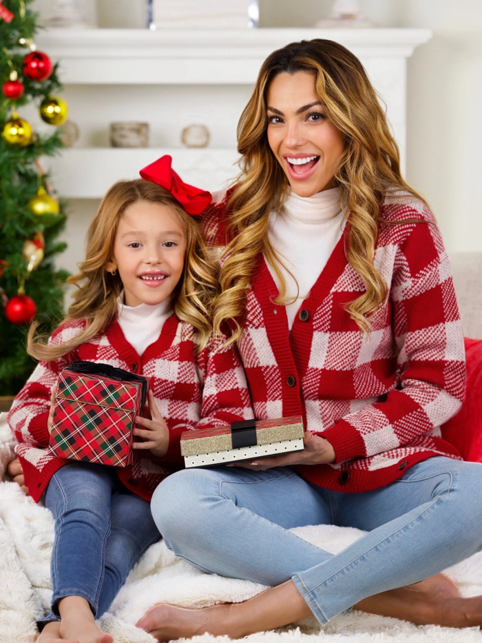 Mommy and Me Burgundy and White Checkered Oversized Cardigan Mia Belle Girls