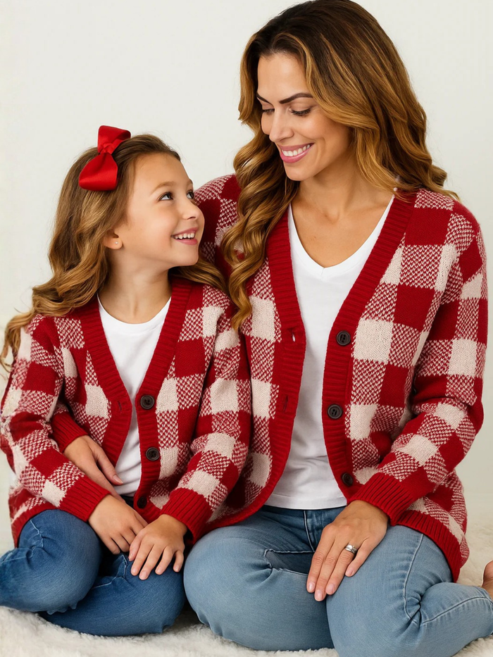 Mommy and Me Burgundy and White Checkered Oversized Cardigan Mia Belle Girls