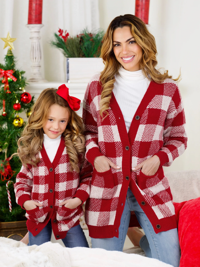 Mommy and Me Burgundy and White Checkered Oversized Cardigan Mia Belle Girls