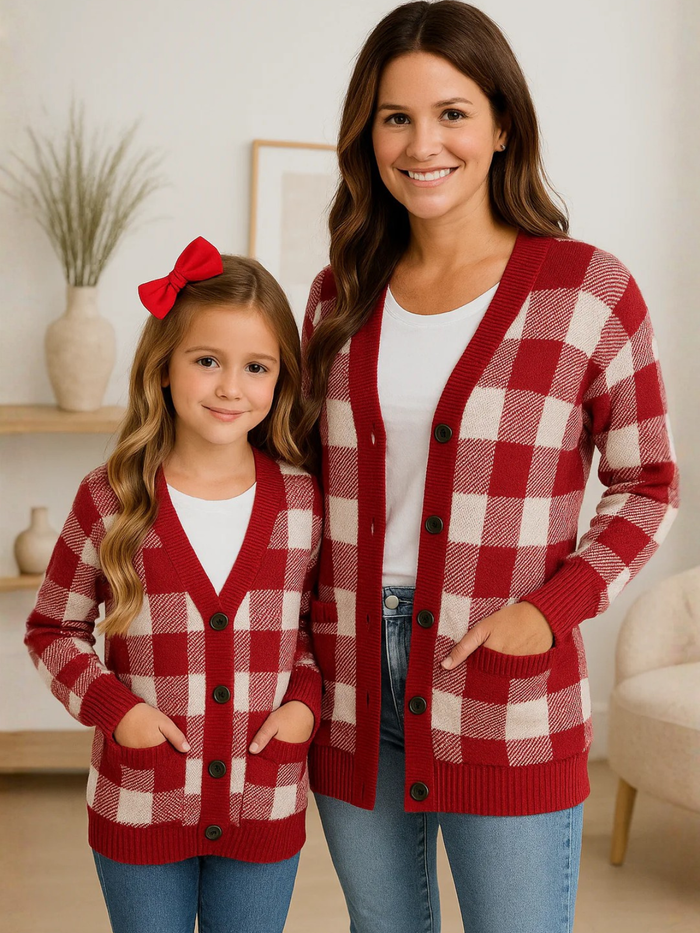 Mommy and Me Burgundy and White Checkered Oversized Cardigan Mia Belle Girls