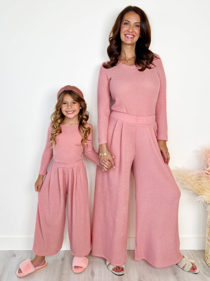 Mommy and Me Chic Pink Waffle Knit Pant Set Mia Belle Girls