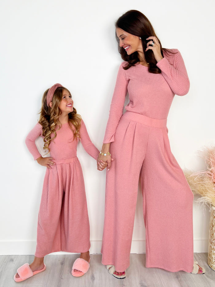 Mommy and Me Chic Pink Waffle Knit Pant Set Mia Belle Girls