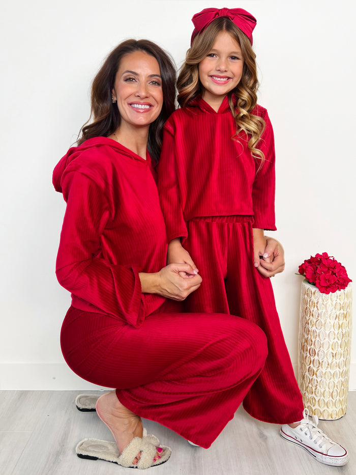 Mommy and Me Cozy Luxe Red Velvet Hooded Pant Set Mia Belle Girls