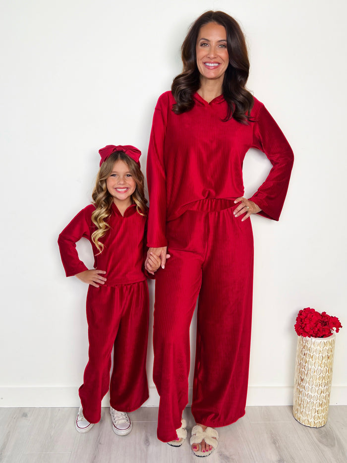 Mommy and Me Cozy Luxe Red Velvet Hooded Pant Set Mia Belle Girls