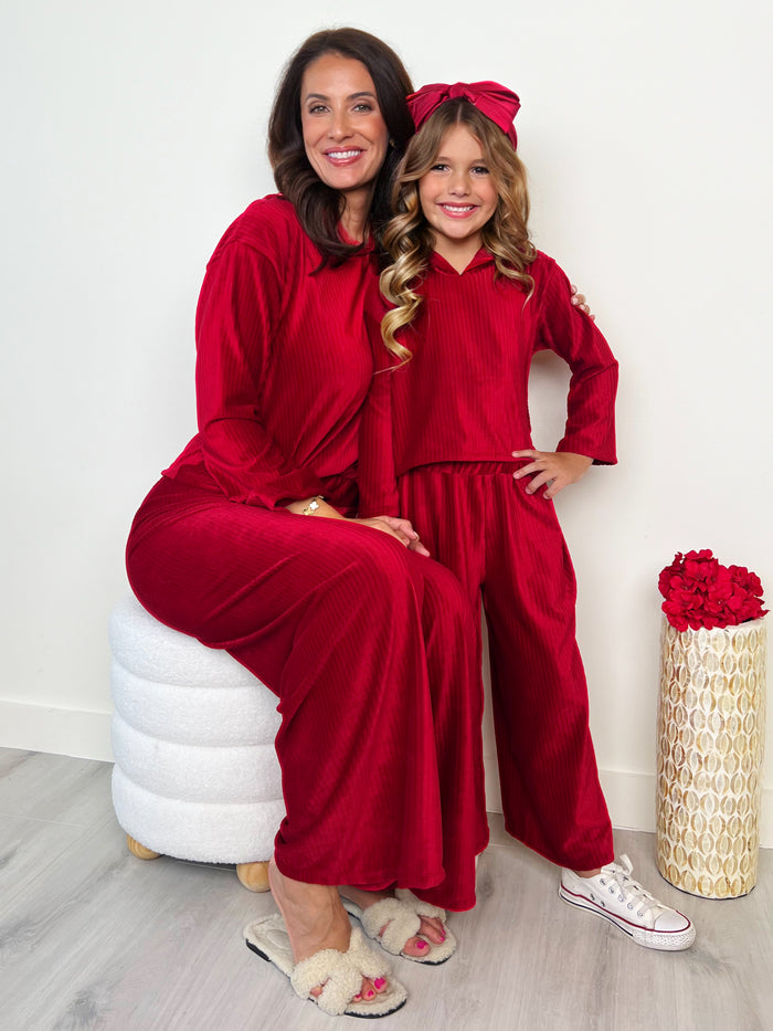 Mommy and Me Cozy Luxe Red Velvet Hooded Pant Set Mia Belle Girls
