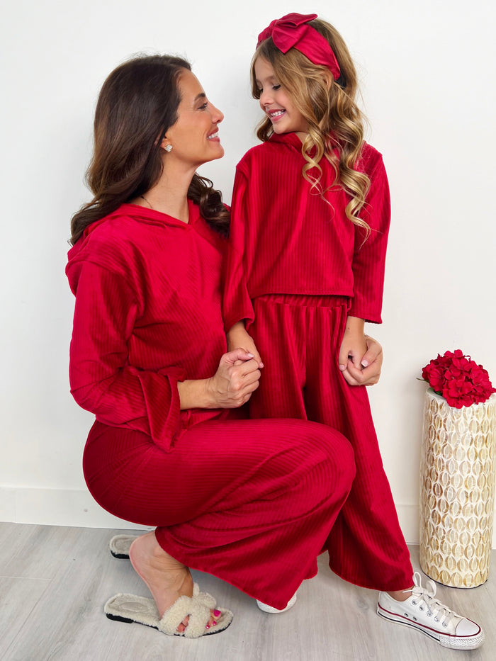Mommy and Me Cozy Luxe Red Velvet Hooded Pant Set Mia Belle Girls