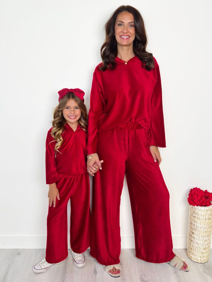 Mommy and Me Cozy Luxe Red Velvet Hooded Pant Set Mia Belle Girls