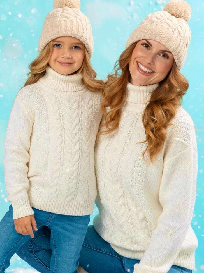 Mommy and Me Cream Oversized Cable Knit Sweater Mia Belle Girls