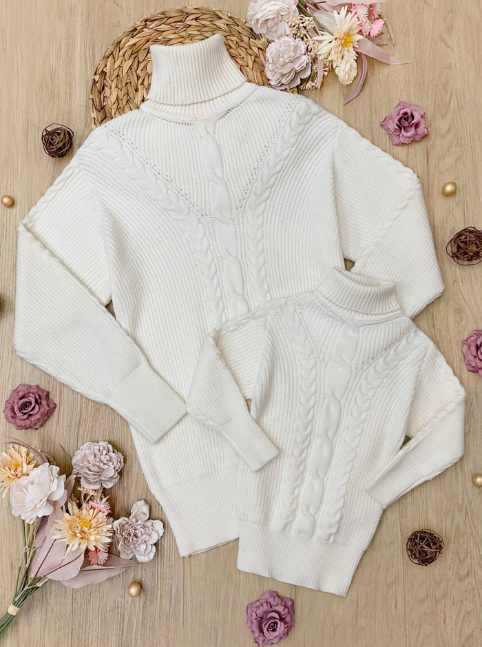 Mommy and Me Cream Oversized Cable Knit Sweater Mia Belle Girls