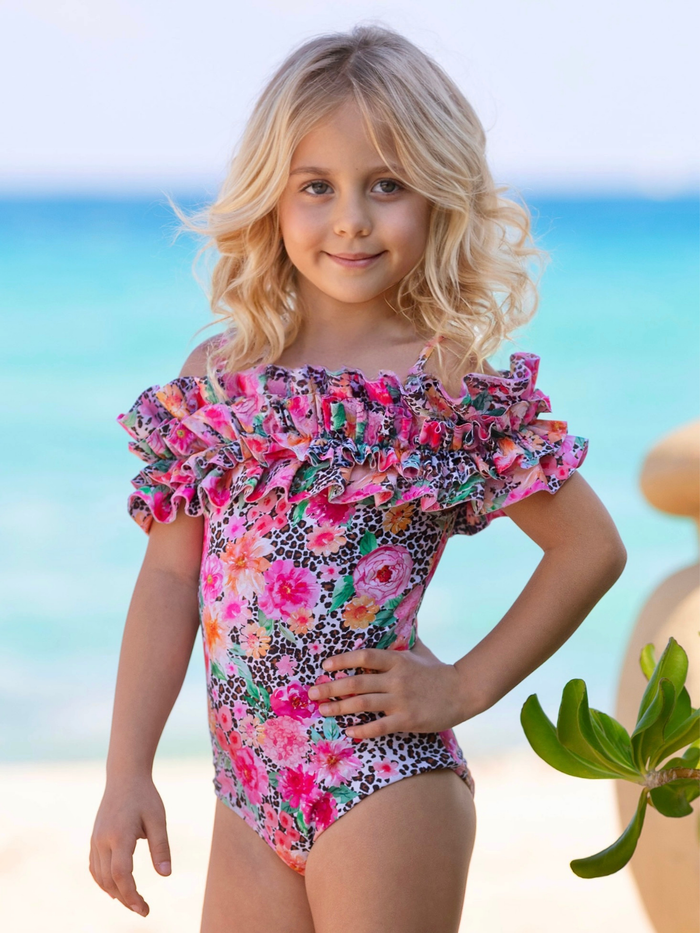 Mommy and Me Leopard Ruffle Shoulder One Piece Swimsuit Mia Belle Girls