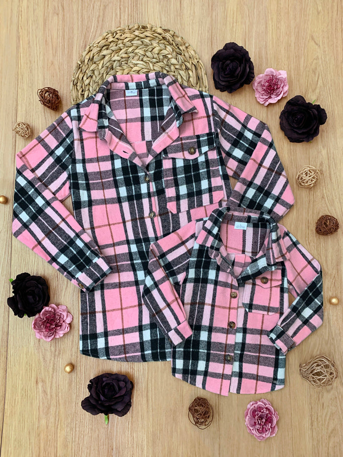 Mommy and Me Pink and Black Plaid Flannel Shacket Mia Belle Girls