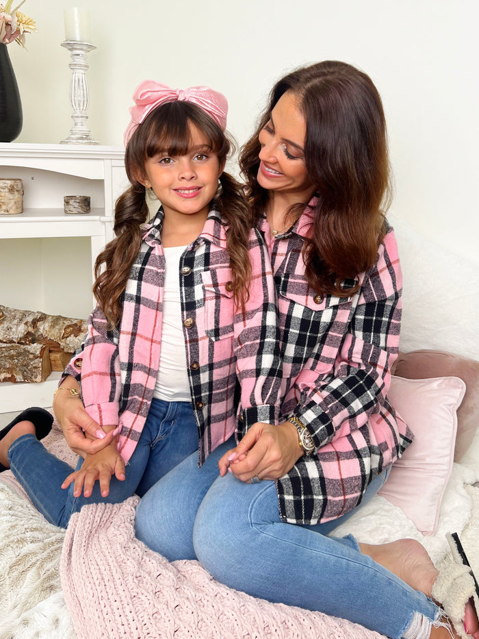 Mommy and Me Pink and Black Plaid Flannel Shacket Mia Belle Girls