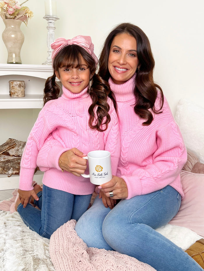 Mommy and Me Pink Oversized Cable Knit Sweater Mia Belle Girls