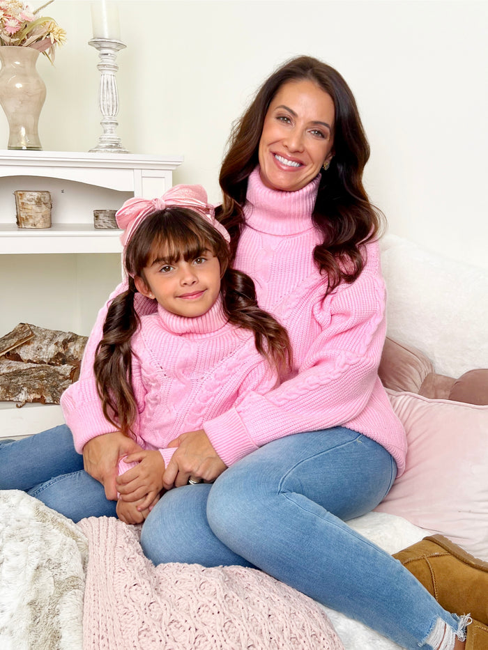 Mommy and Me Pink Oversized Cable Knit Sweater Mia Belle Girls