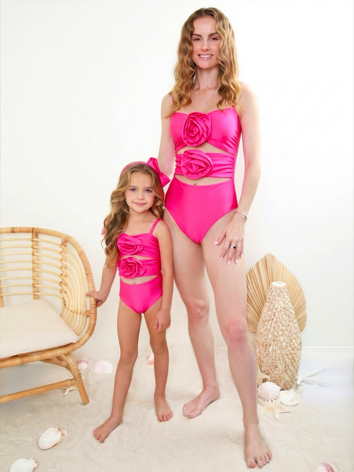 Mommy and Me Hot Pink Rosette Cutout One Piece Swimsuit Mia Belle Girls