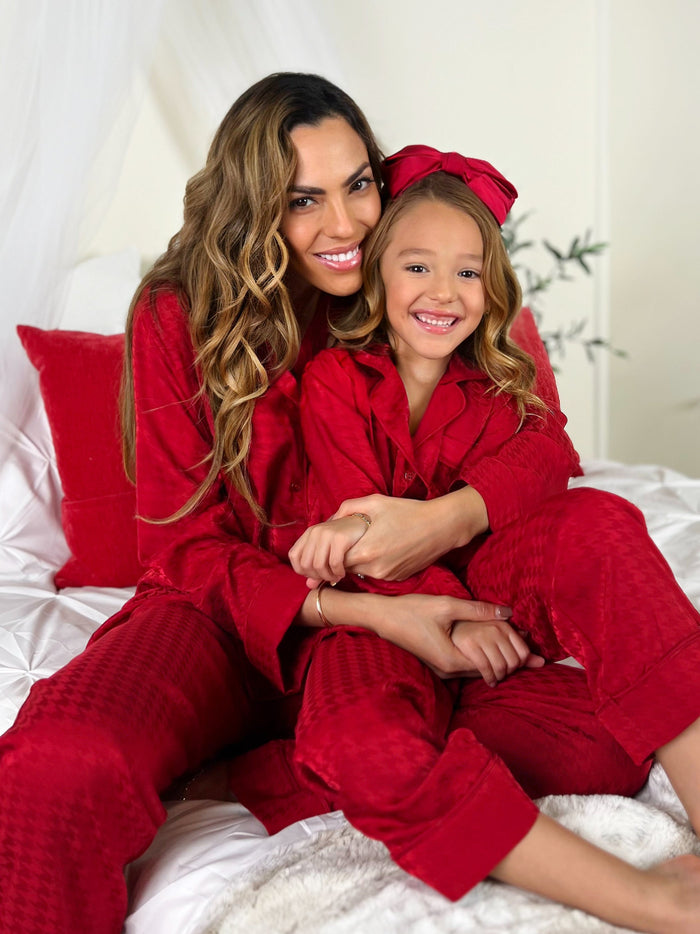 Mommy and Me Red Houndstooth Silky Pajama Set Mia Belle Girls