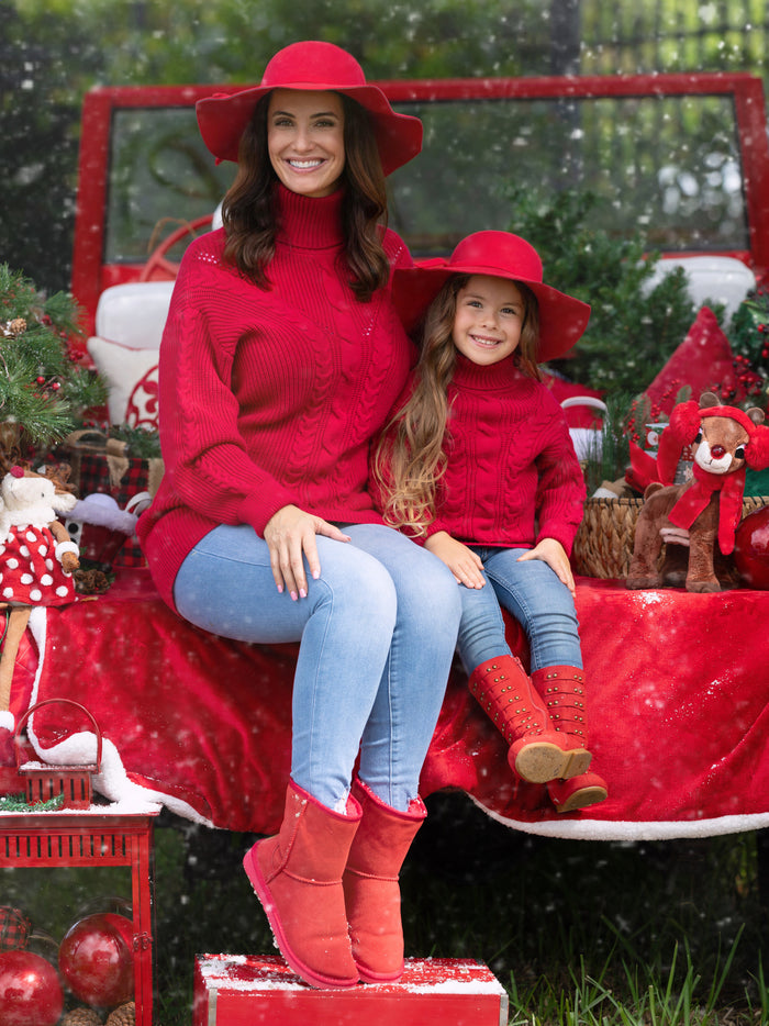 Mommy and Me Red Oversized Cable Knit Sweater Mia Belle Girls