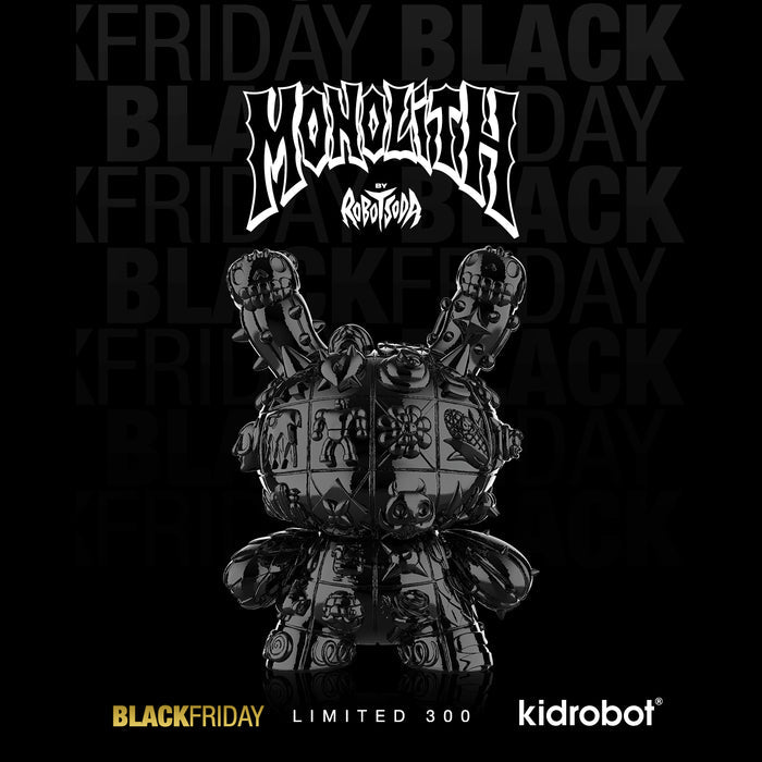 Black vinyl MONOLITH Dunny 8" art figure by ROBOT SODA in Onyx edition, featuring a sleek black finish and limited to 300 pieces.