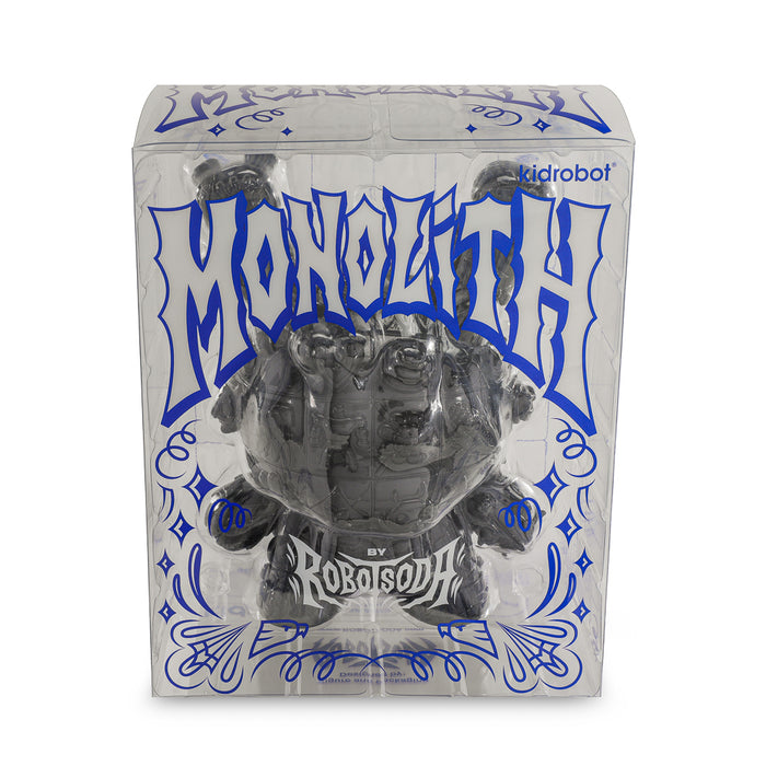 Black electroplate MONOLITH Dunny 8-inch vinyl art figure by ROBOT SODA, limited edition, sculpted collectible art figure.