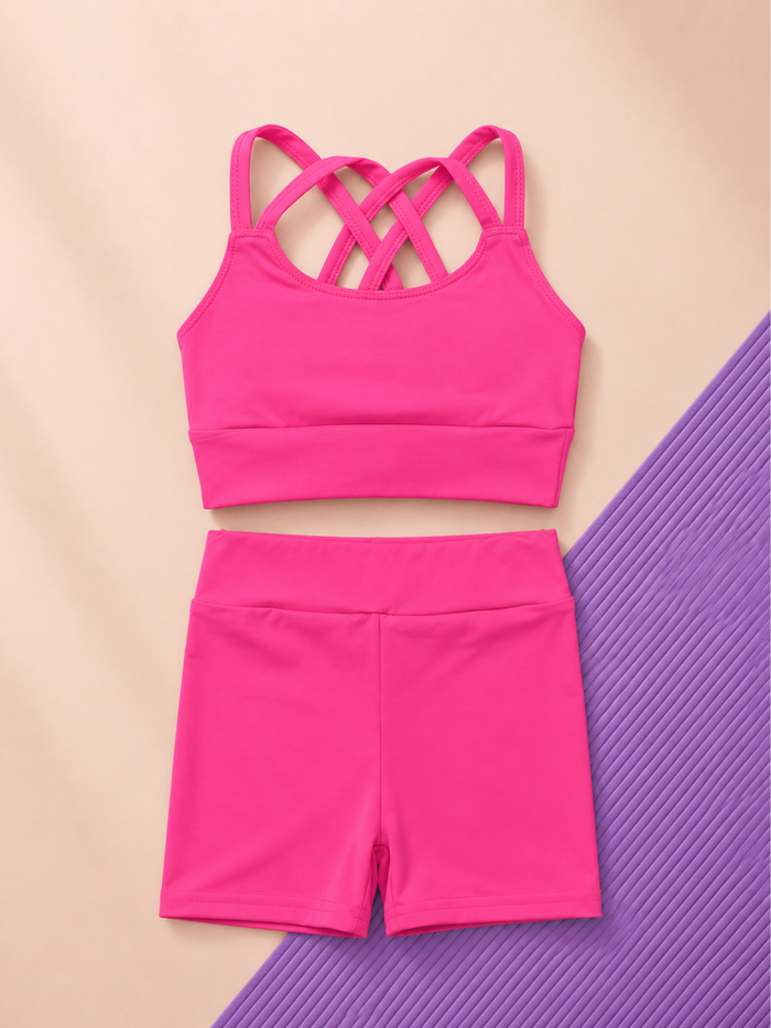 girls activewear set crop top and biker shorts blue outfit