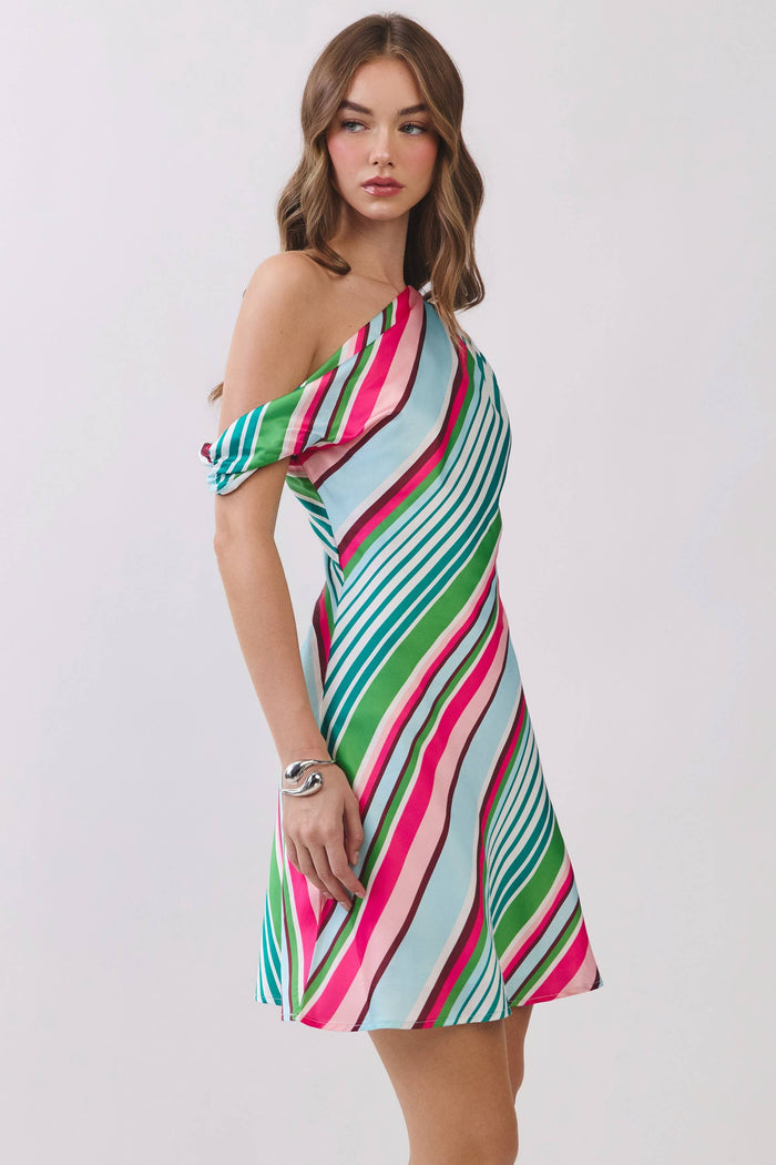 Multi Stripe One Shoulder Mini Dress