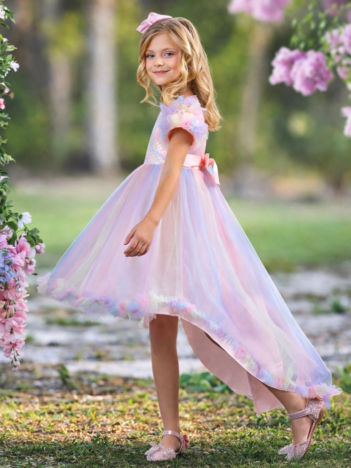 Girls rainbow tulle birthday dress with pastel colors and high low hem