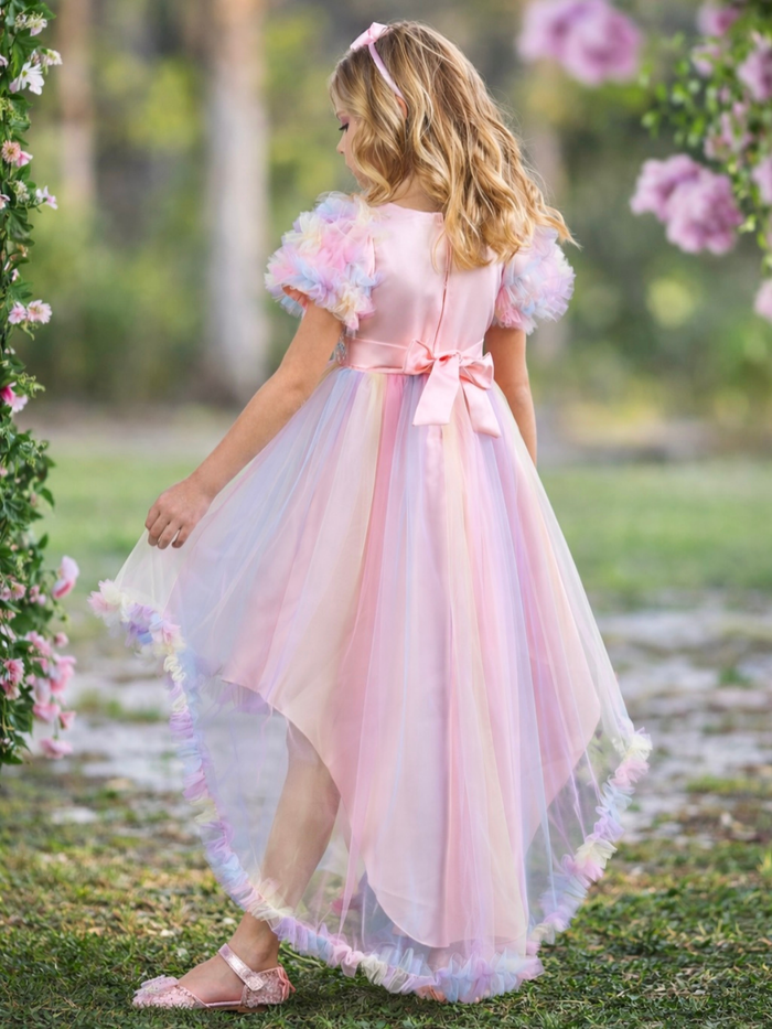 Girls pastel rainbow party dress with tulle skirt and bow detail