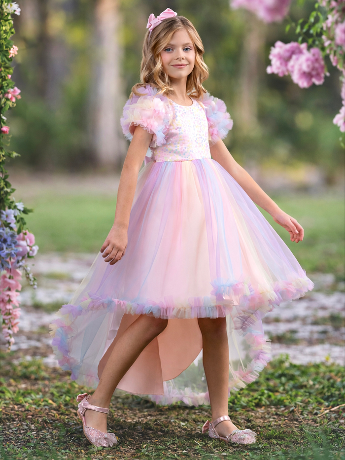 Girls dressy rainbow tulle dress for birthday party and special occasions