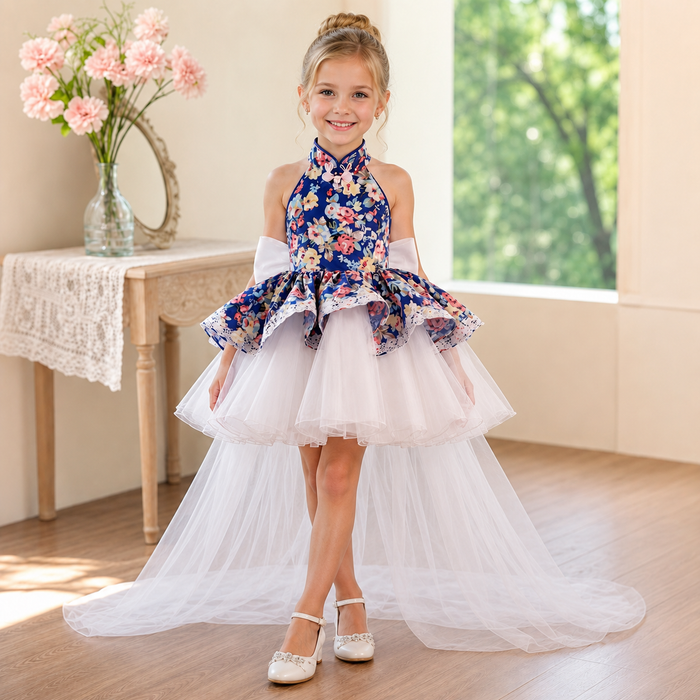 Navy Blue Floral Halter High-Low Tulle Flower Girl Dress with Bow D287