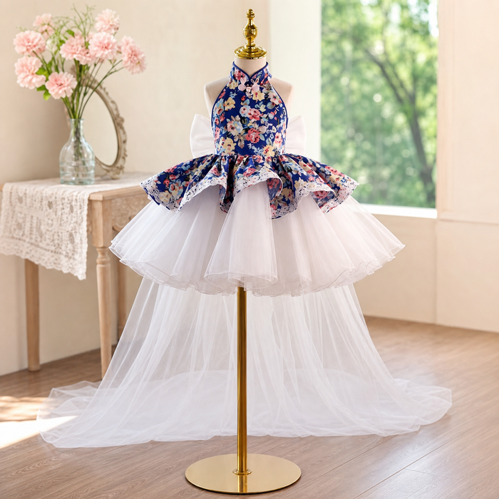 Navy Blue Floral Halter High-Low Tulle Flower Girl Dress with Bow D287
