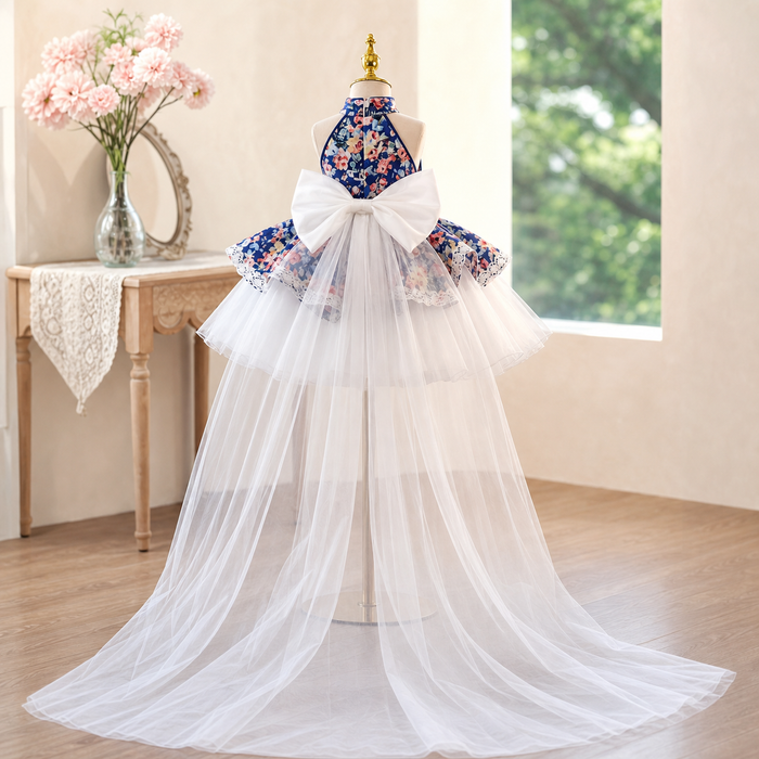 Navy Blue Floral Halter High-Low Tulle Flower Girl Dress with Bow D287