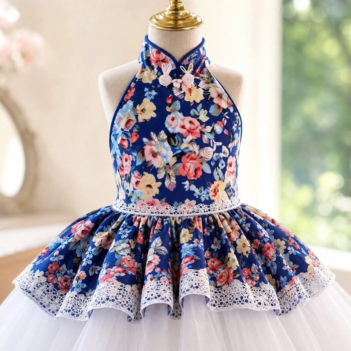 Navy Blue Floral Halter High-Low Tulle Flower Girl Dress with Bow D287