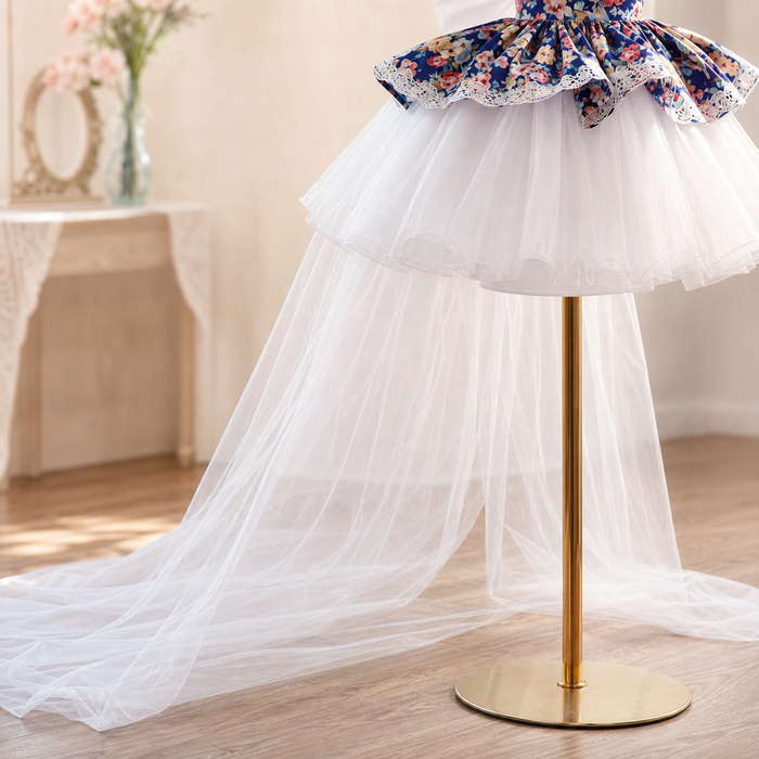 Navy Blue Floral Halter High-Low Tulle Flower Girl Dress with Bow D287