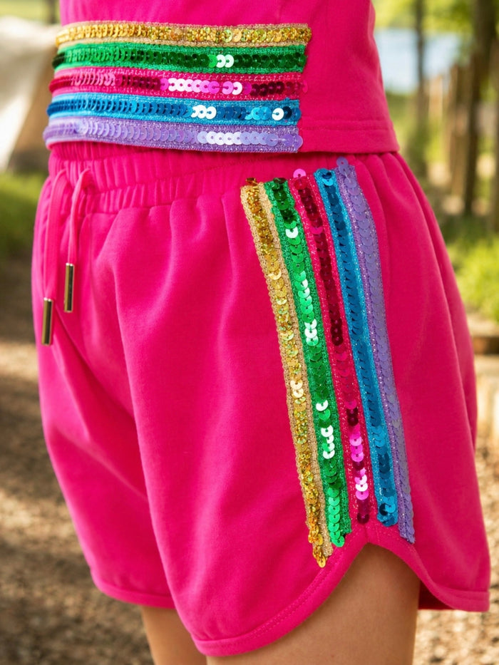Bright pink sporty short set for girls with colorful sequins