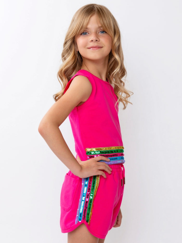 Girls bright pink casual active short set for vacations and play