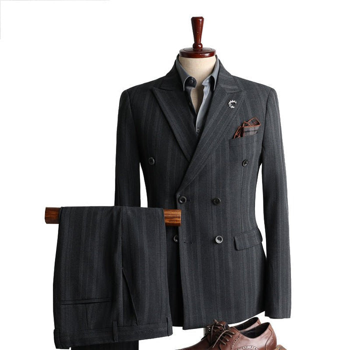New Double Breasted Cool Korean Fashion Slim Fit Grey Men's Suit Set - Rosymae