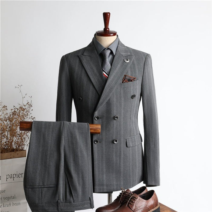 New Double Breasted Cool Korean Fashion Slim Fit Grey Men's Suit Set - Rosymae