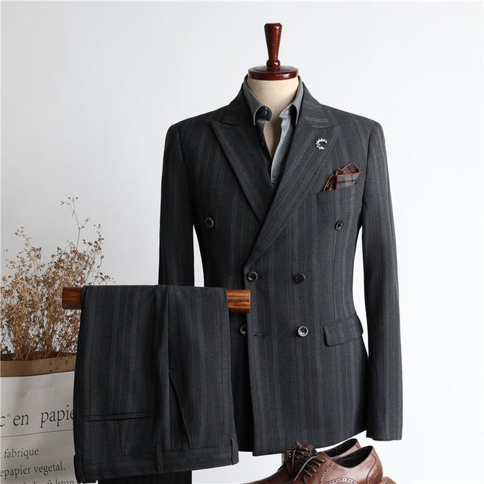 New Double Breasted Cool Korean Fashion Slim Fit Grey Men's Suit Set - Rosymae