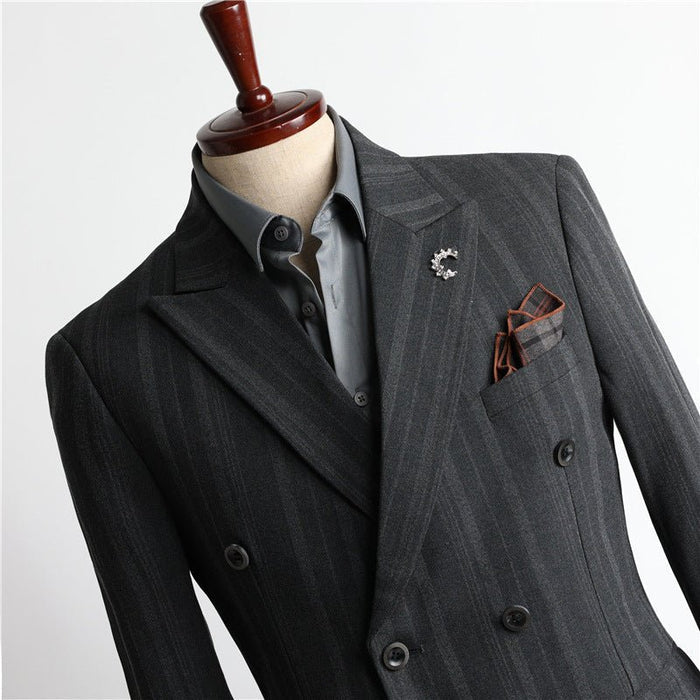 New Double Breasted Cool Korean Fashion Slim Fit Grey Men's Suit Set - Rosymae