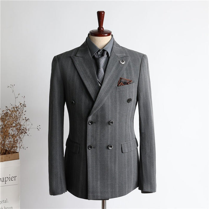 New Double Breasted Cool Korean Fashion Slim Fit Grey Men's Suit Set - Rosymae