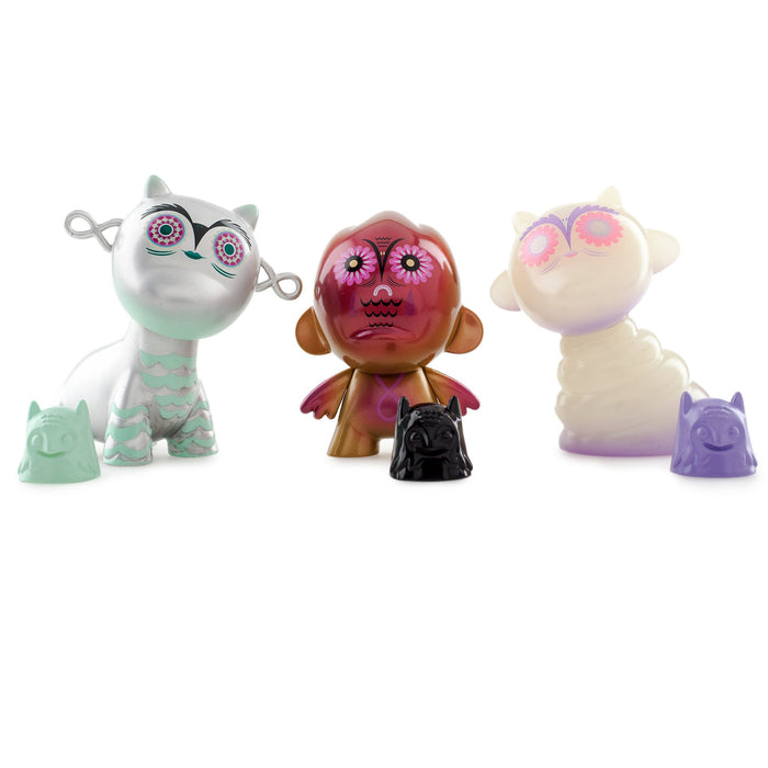 Nightriders 3-inch blind box art figures by Nathan Jurevicius, featuring colorful vinyl character designs on a white background.