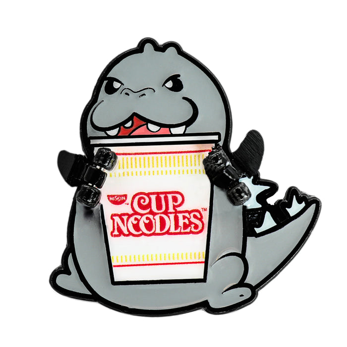 Godzilla enamel pin from Nissin Cup Noodles x Godzilla Premium Pin Series, featuring a detailed Godzilla design on a white background.