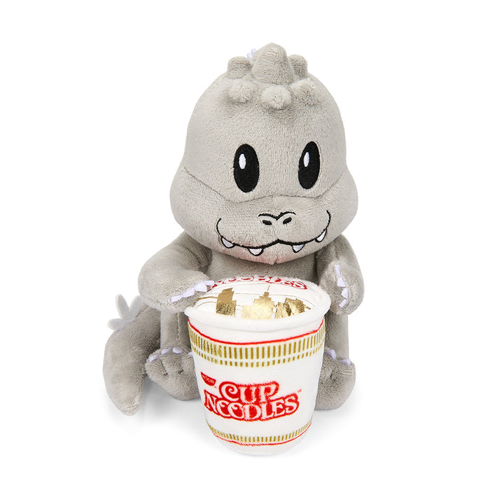 Godzilla Phunny plush holding a Nissin Cup Noodles, 7.5-inch soft toy featuring Godzilla and ramen cup design