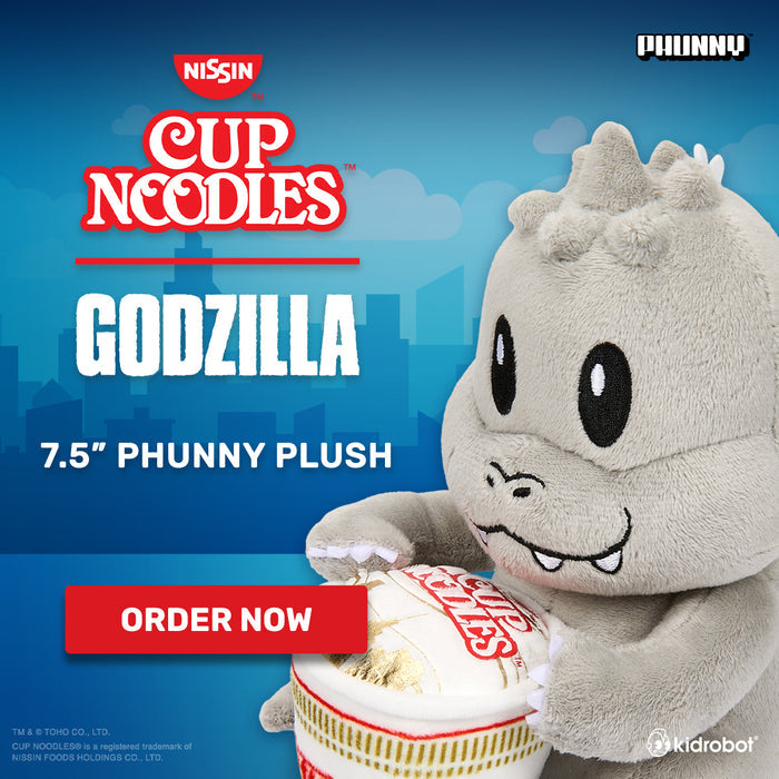 Godzilla Phunny plush holding a Cup Noodles, featuring a soft, detailed plush toy inspired by Nissin Cup Noodles and Godzilla.