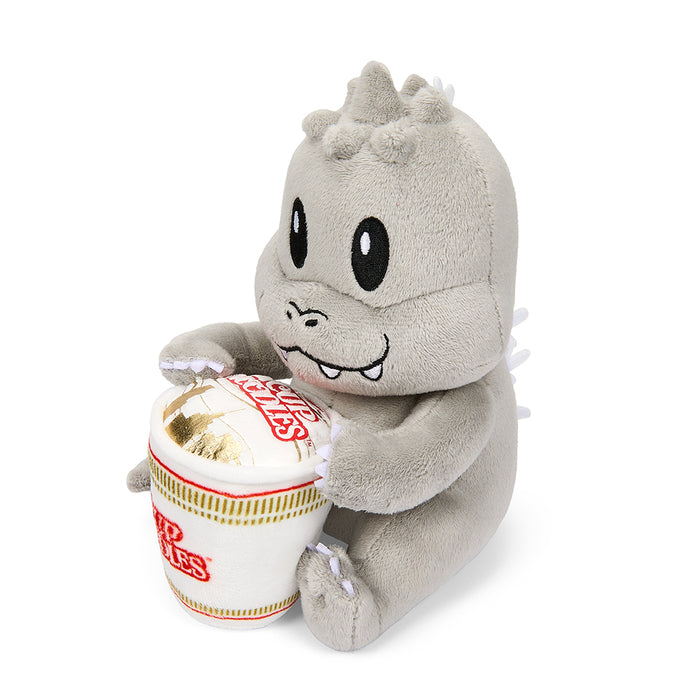 Godzilla Phunny plush holding a Cup Noodles, 7.5-inch soft toy inspired by Nissin Cup Noodles and Godzilla character.