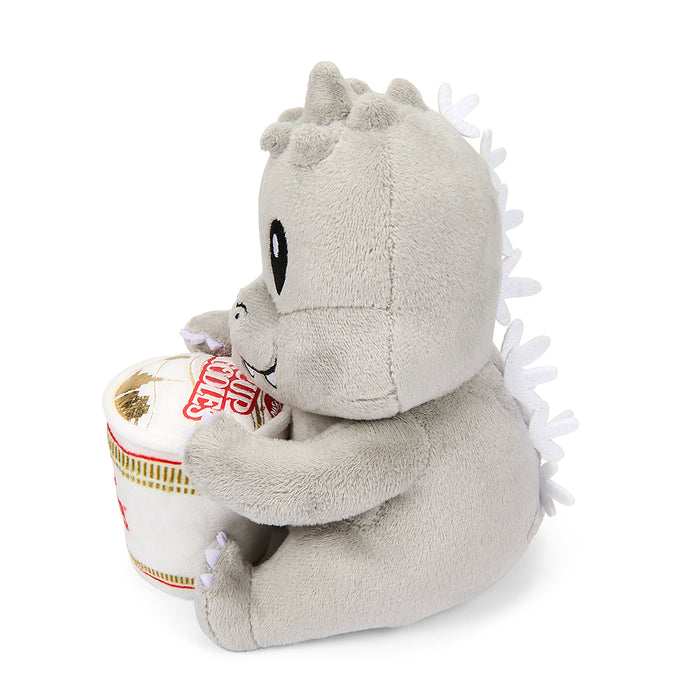Godzilla Phunny plush holding Nissin Cup Noodles, 7.5-inch soft toy featuring Godzilla and Cup Noodles design