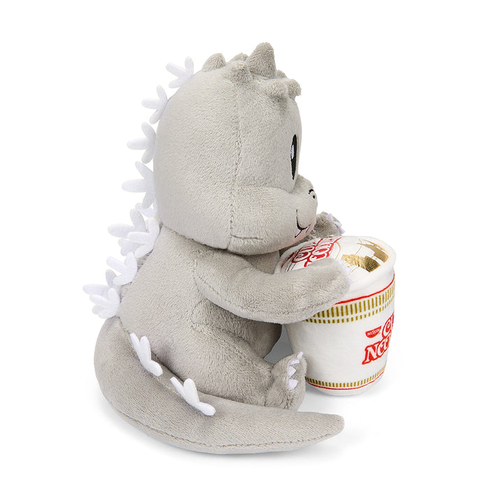 Godzilla plush toy holding a Cup Noodles cup, 7.5-inch Phunny plush from Nissin's Cup Noodles x Godzilla collection.