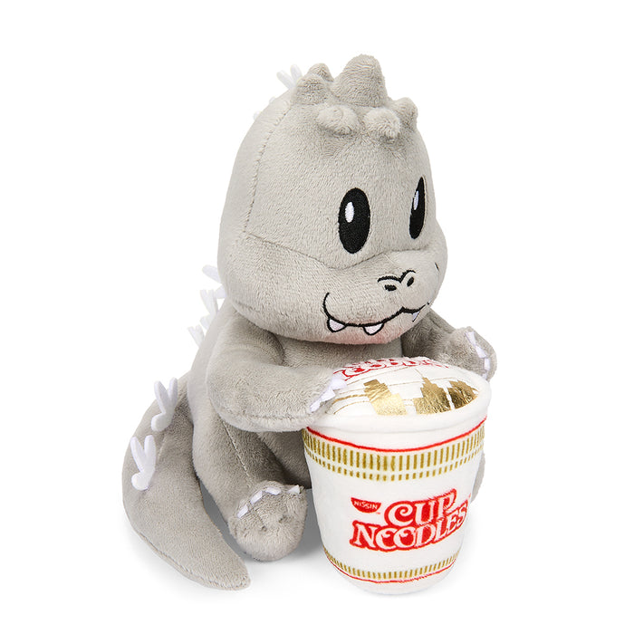 Godzilla Phunny plush holding a Cup Noodles container, 7.5-inch soft toy featuring Nissin Cup Noodles and Godzilla branding.